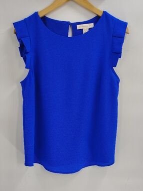 Monteau Los Angeles Blouse Size Medium Blue Pink Tuck Sleeve Edging Semi Sheer
